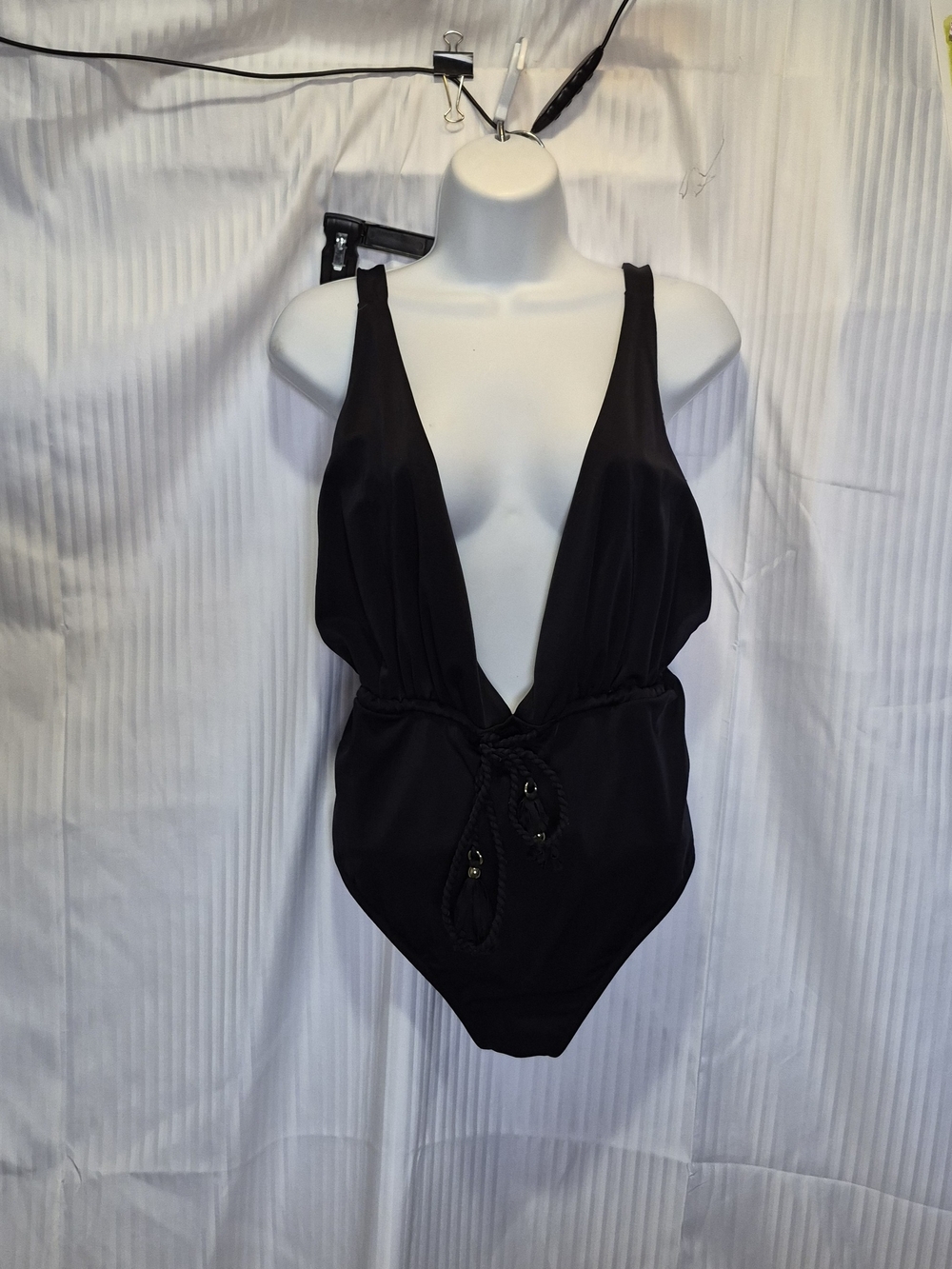 ASOS Size 12 Black Plunge One-Piece Swimsuit with Drawstring